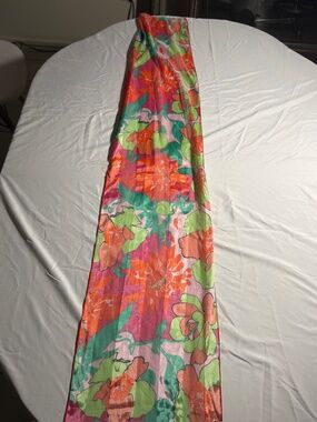 Vintage Floral Satin Scarf Pink Green Orange Oblong Korea 31x14